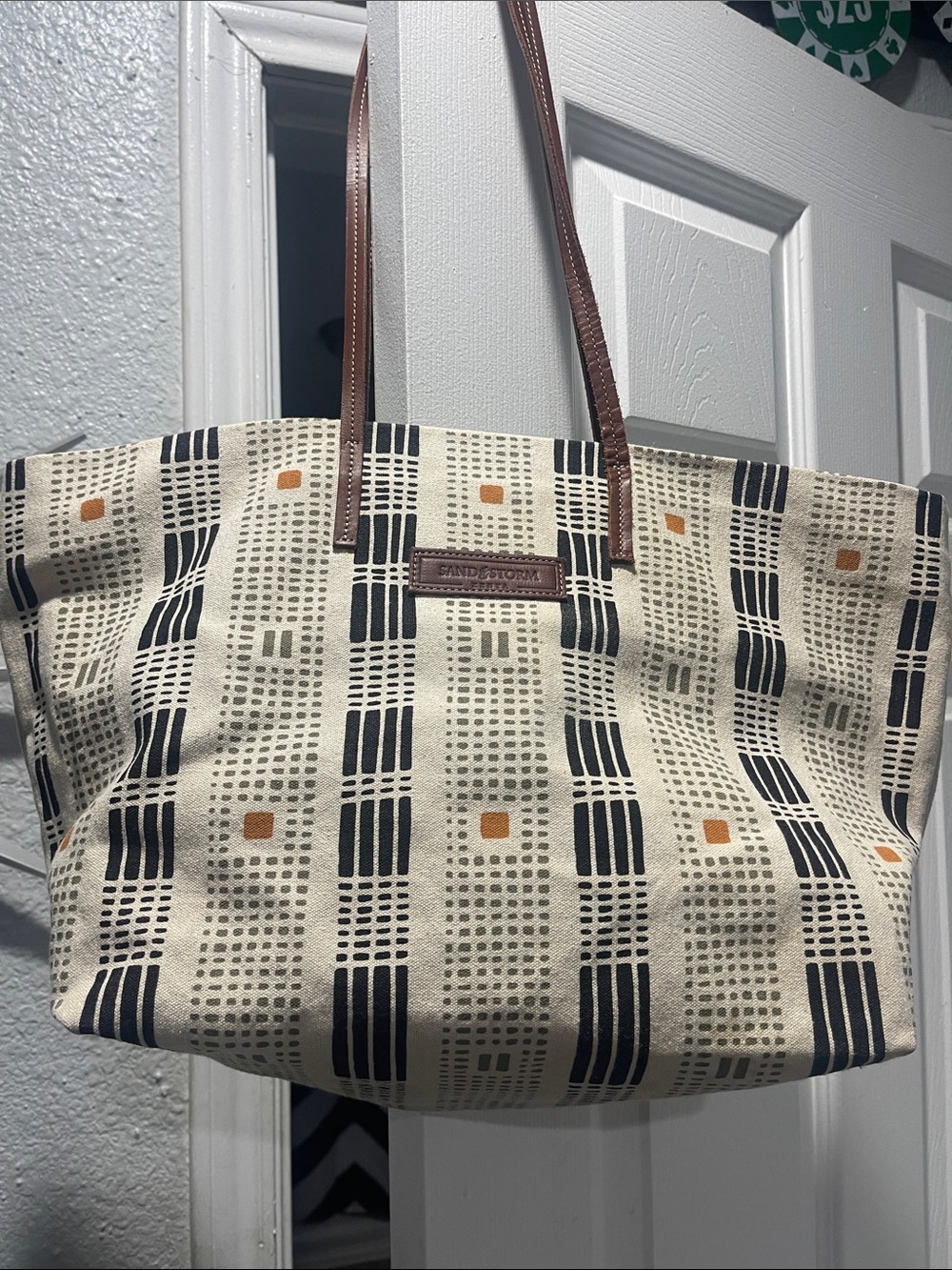 Sand Storm Beige Patterned Canvas Tote with Brown Handles